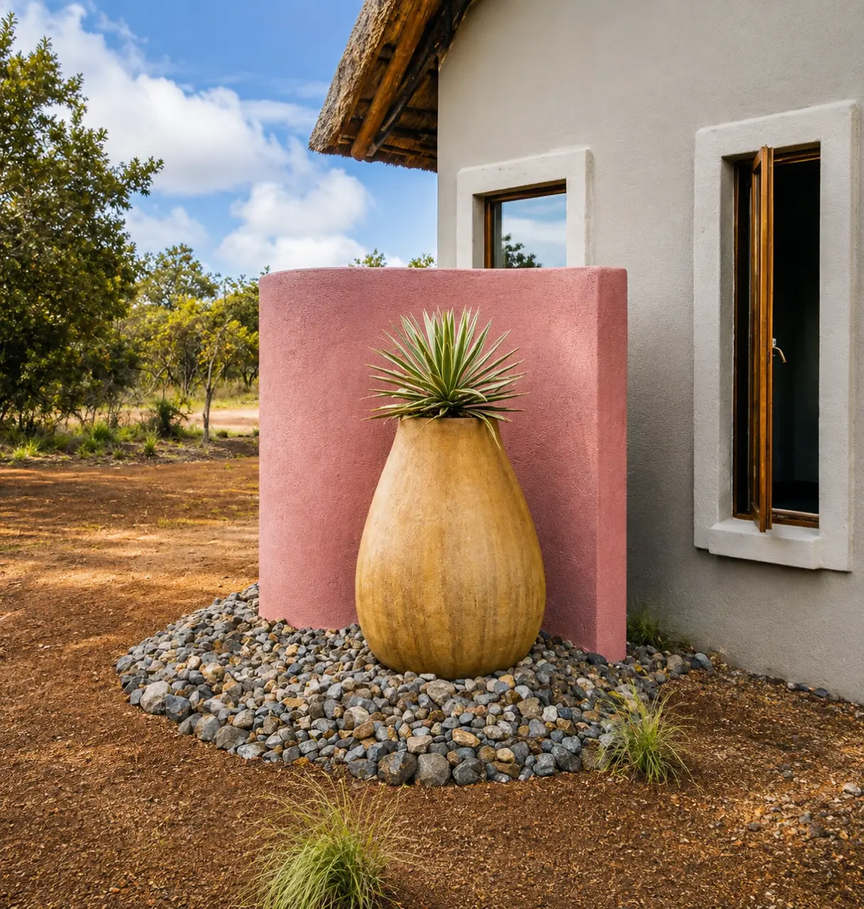 Curved pink plaster wall with a sculptural urn and river-stone bed
