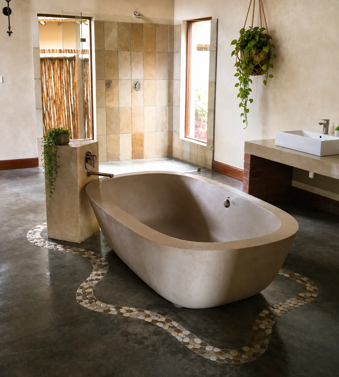 Cast concrete freestanding bath on polished screed with pebble inlay