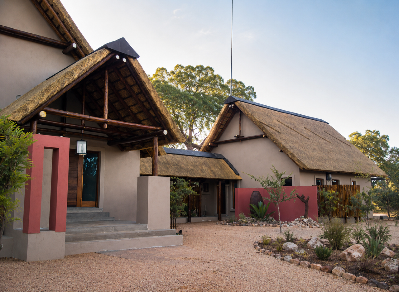 Thatched gables and terracotta accent walls at the Zebula entrance court