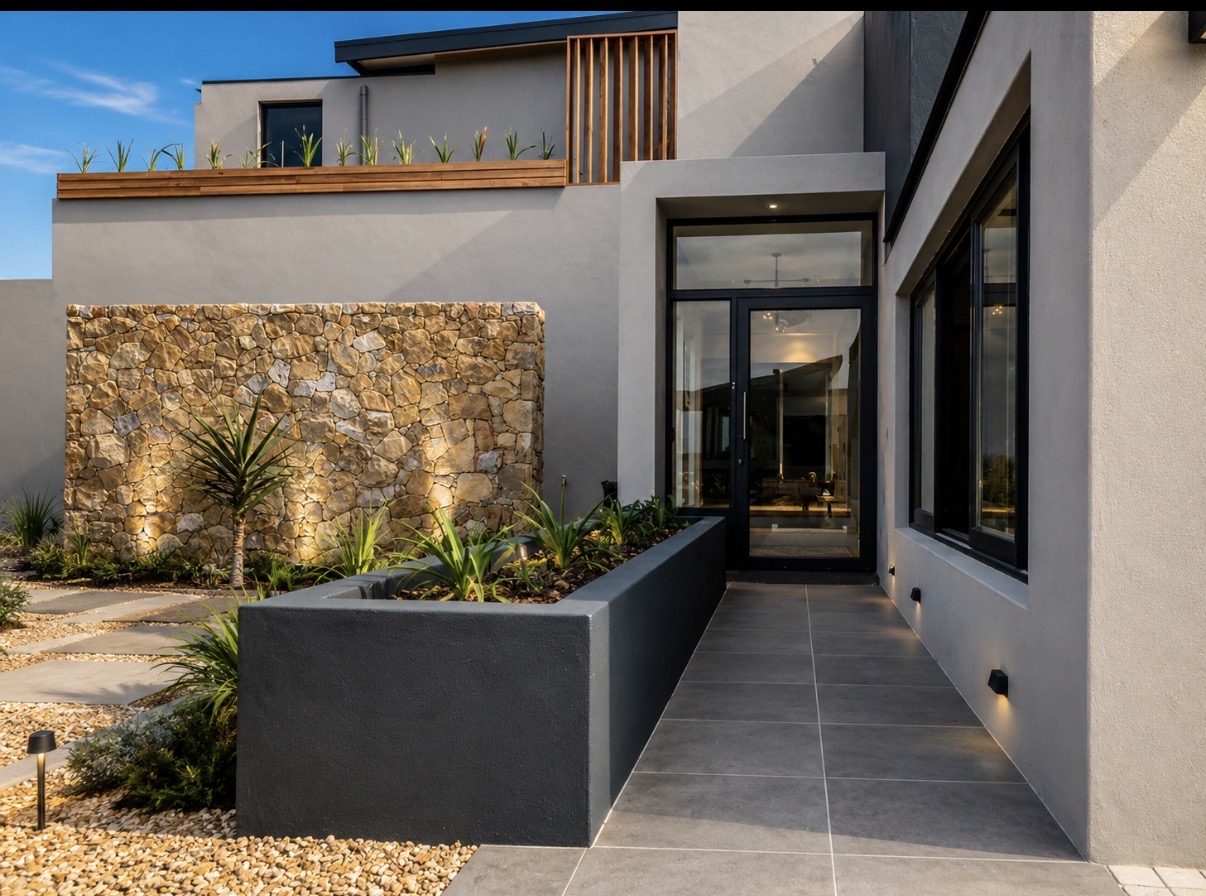 Stone-clad entrance walkway and glazed front door at Chapmans Bay Estate