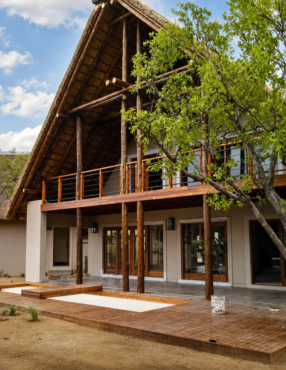 Double-volume thatched verandah and timber deck at the Zebula lodge