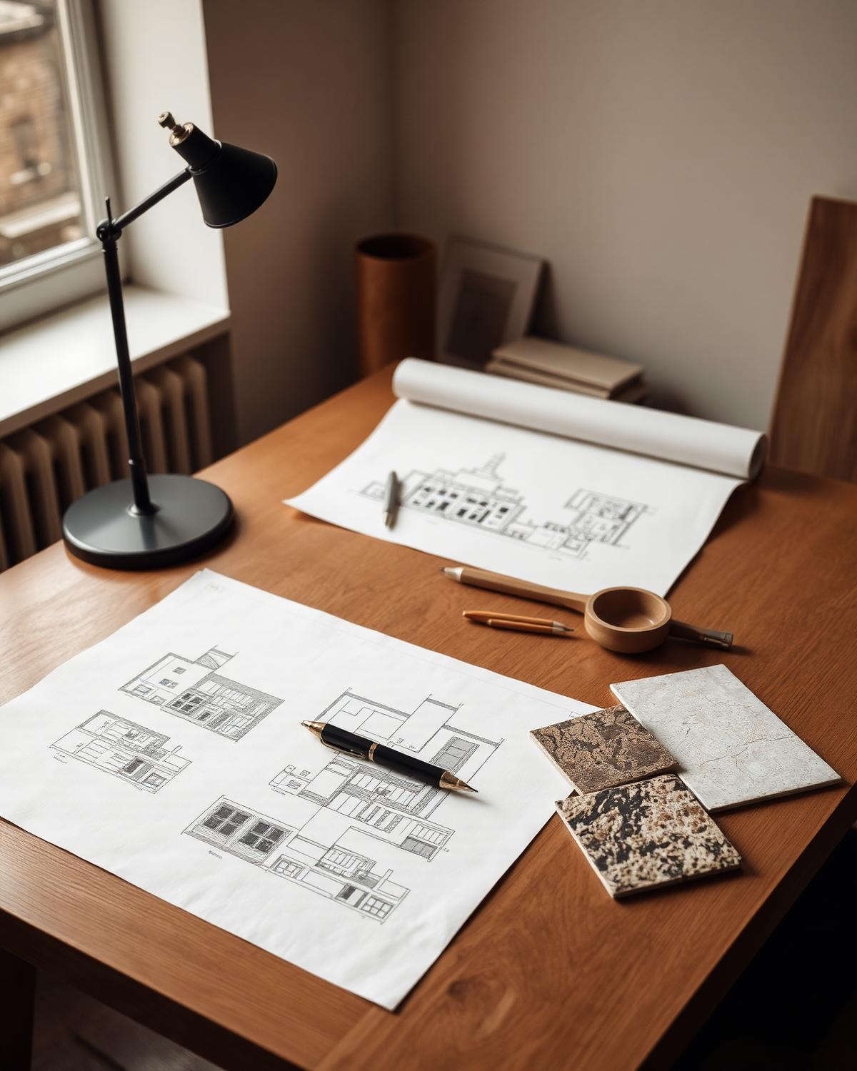 Architectural drawings, drafting tools and stone and oak material samples on a studio desk