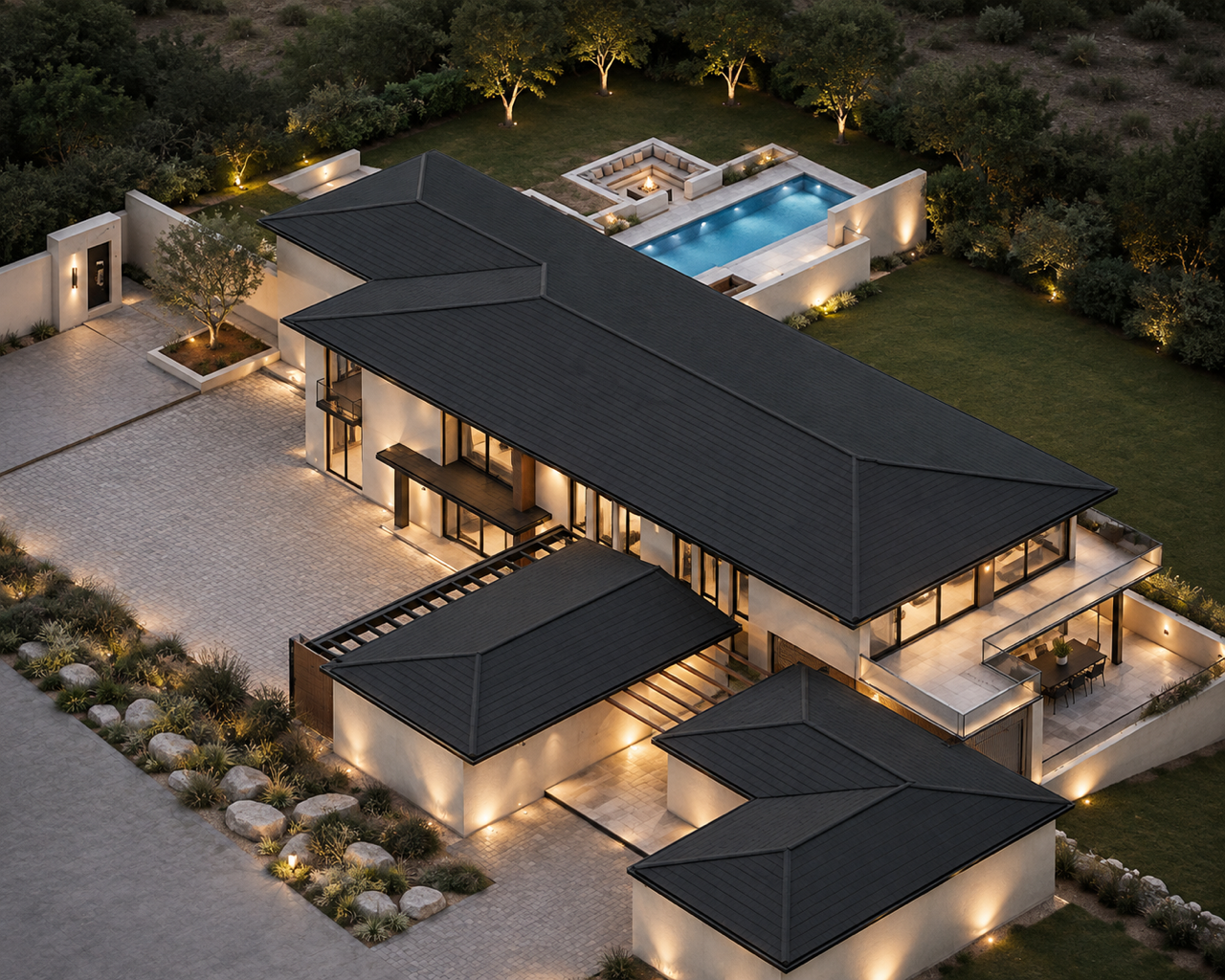 Aerial dusk view of the Price Drive residence in Constantia with pool terrace and fire pit