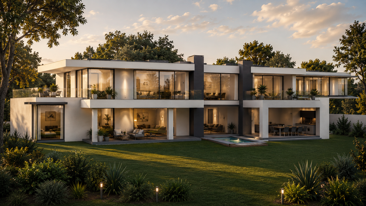 Garden elevation render of the Gaborone residence at golden hour