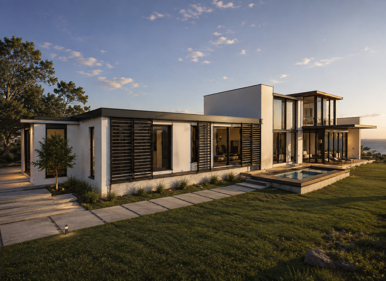 Golden-hour exterior of the Chapmans Bay Estate residence with timber louvres and plunge pool