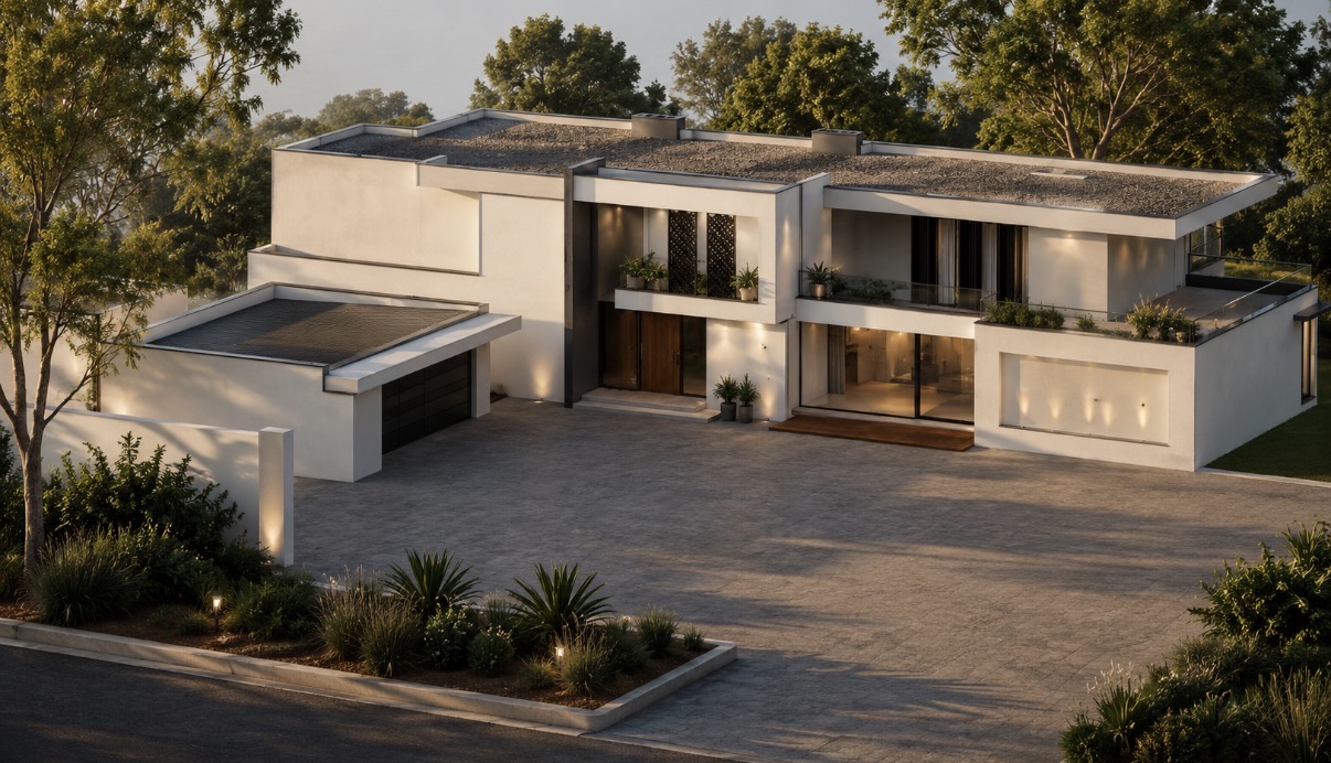 Street-side arrival court render of the Gaborone residence